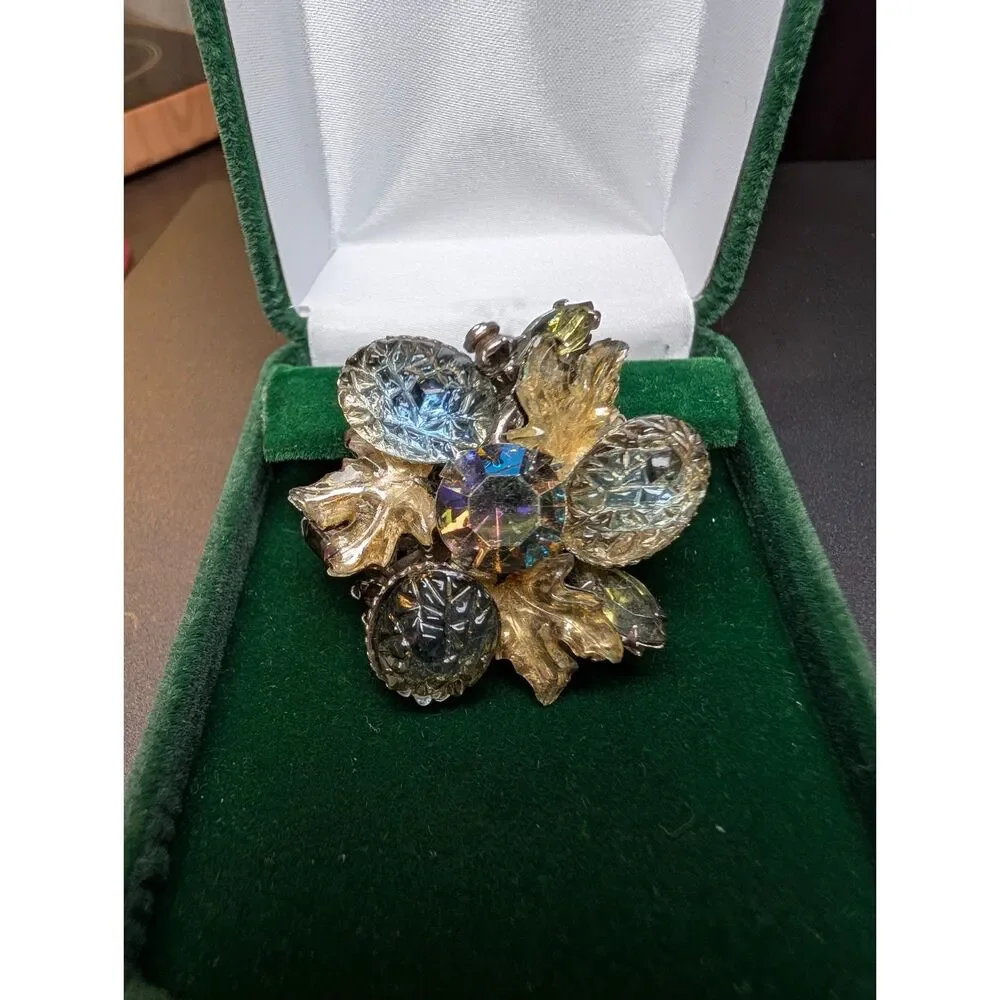 Vintage 1950s Aurora Borealis Rhinestone Blue Glass Brooch